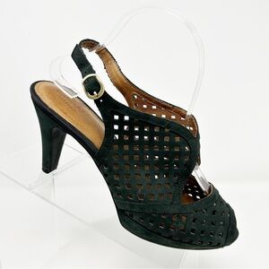 Clarks Artisan Dark Green Black Leather Peep Toe Heeled Slingback Sandals Size 8